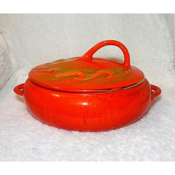 Vtg California Pottery 813 Orange Casserole Chafing Dish Maple Leaf Gold Accents - Picture 3 of 10